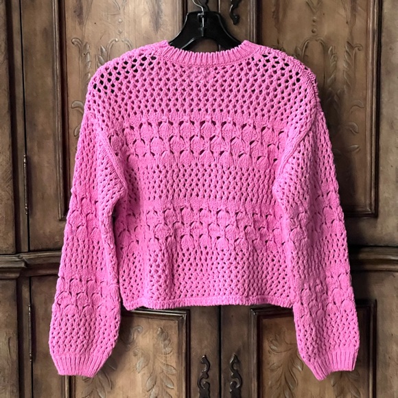 Zara Girls Bright Pink kids Open Knit cropped Crewneck Sweater 10/12 13/14 - Picture 9 of 17